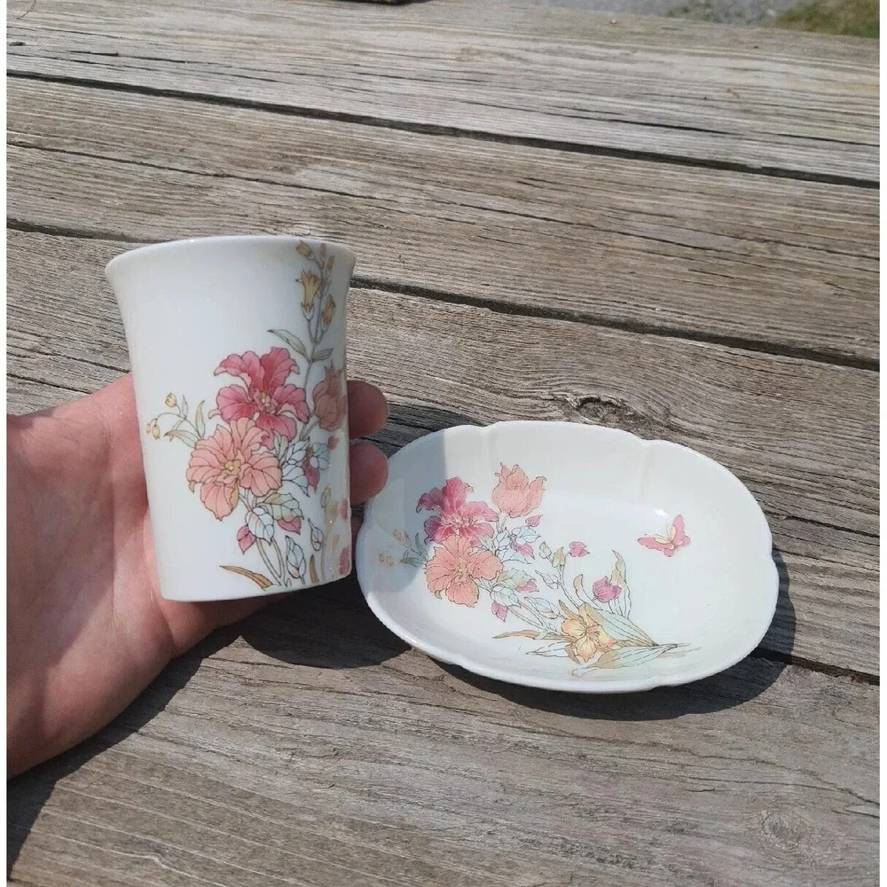 Vintage HOPE San Francisco Porcelain Painted Floral Cup & Dish Vanity Set Takaha